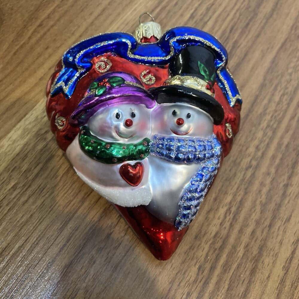 Lao Mai Christmas Ornament Blown Glass Snowcouple On Heart Holiday 4.5" Vintage